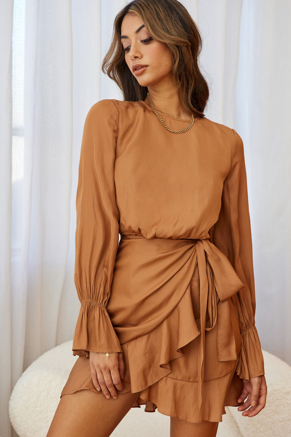 Darla Long Sleeve Satin Dress Tan by Selfie Leslie
