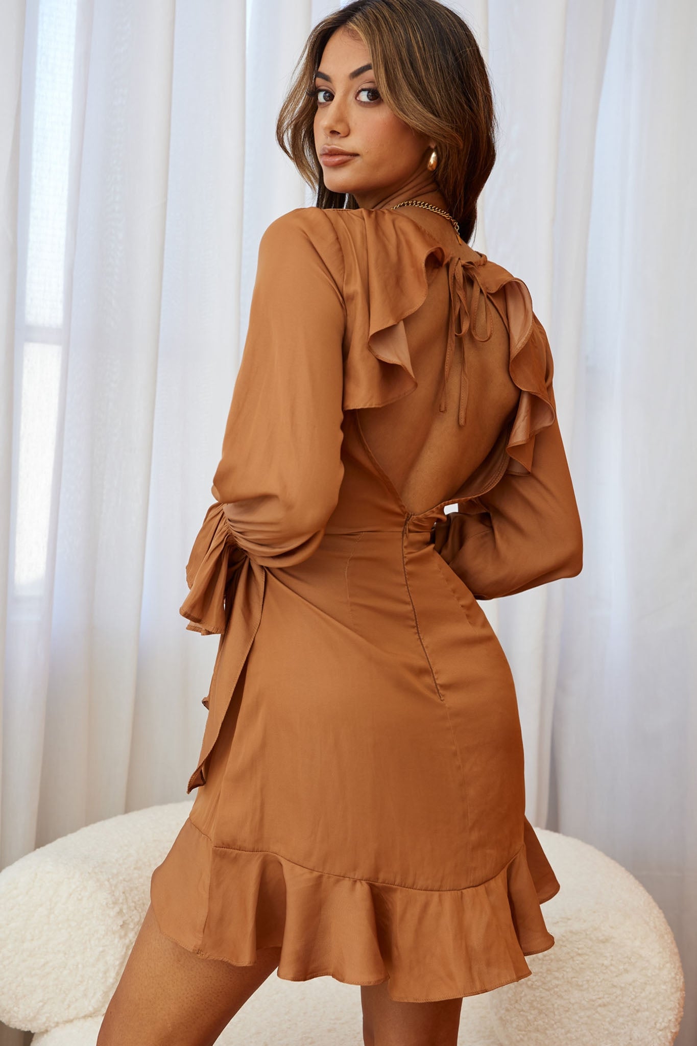 Darla Long Sleeve Satin Dress Tan M Darla Long Sleeve Satin Dress Tan M