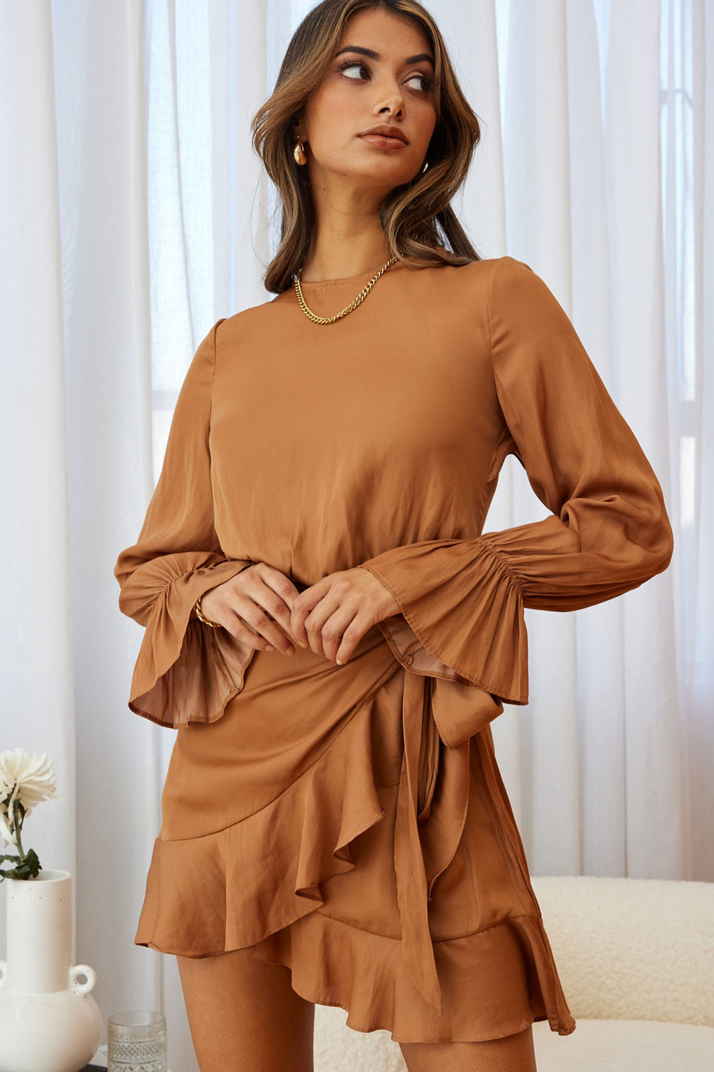 Darla Long Sleeve Satin Dress Tan M Darla Long Sleeve Satin Dress Tan M