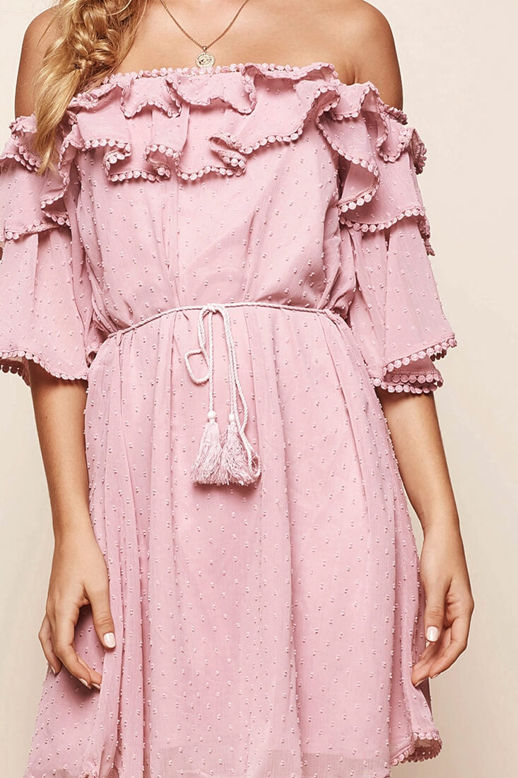 Springtime Hail Spot Chiffon Off Shoulder Dress Blush by Selfie Leslie