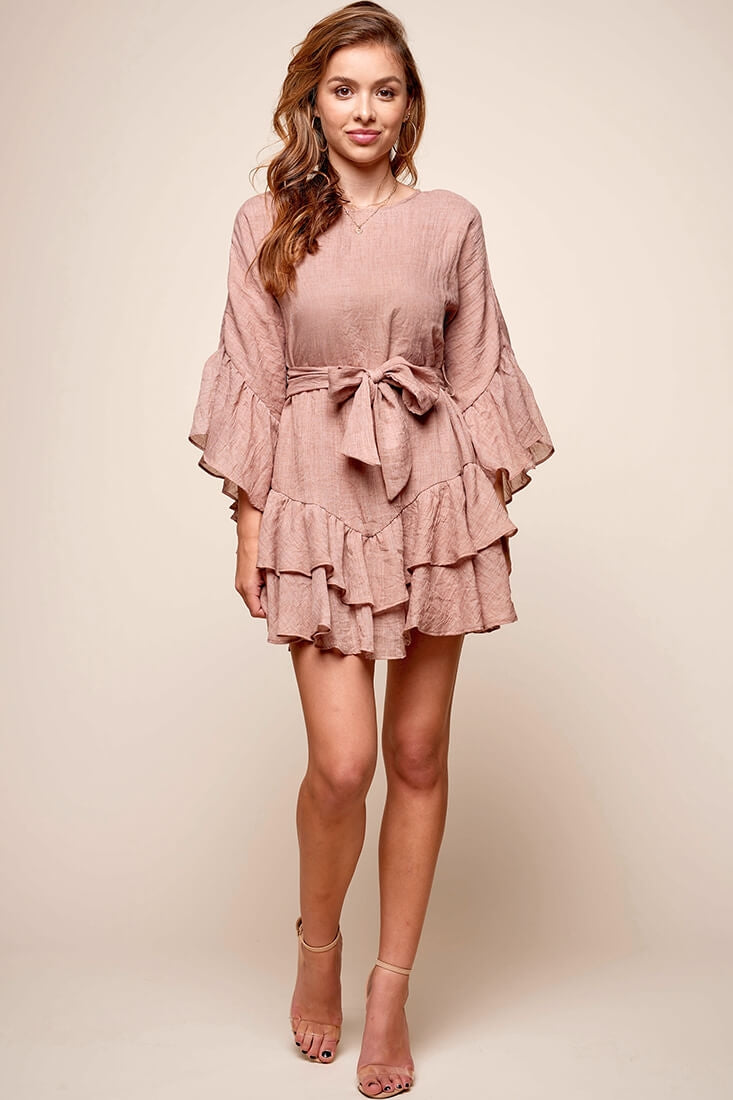 Wilshire Tiered Ruffle Hem Dress Sandalwood by Selfie Leslie