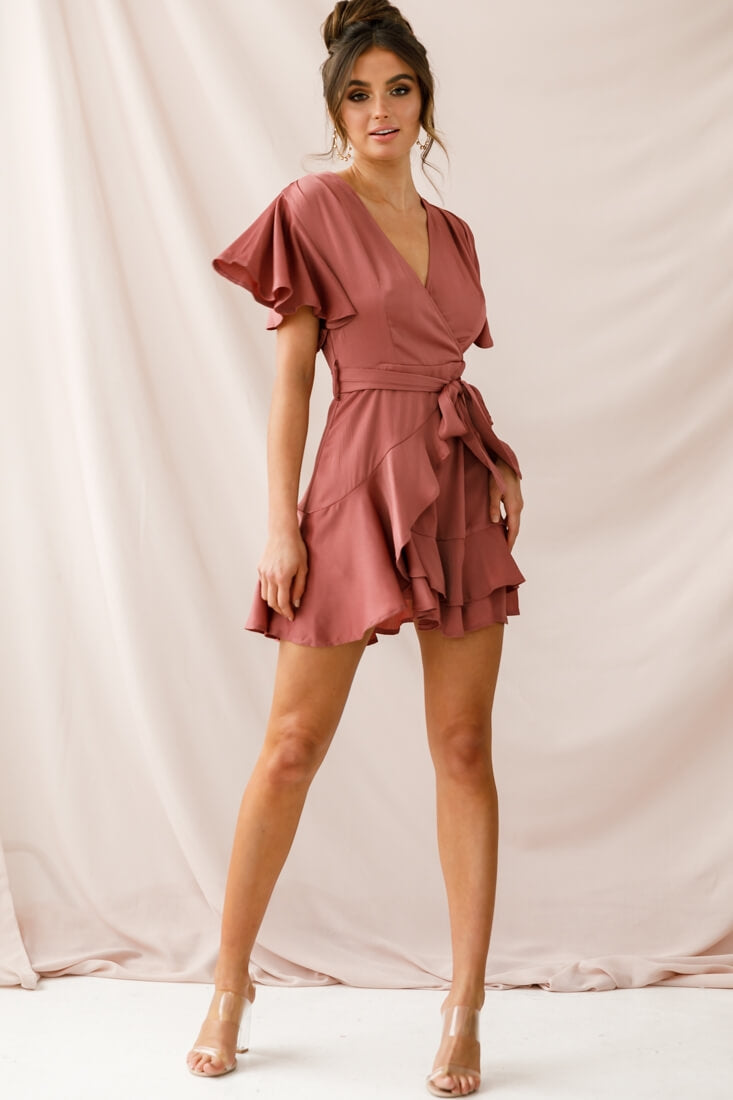 Cami Angel Sleeve Faux Wrap Dress Rose by Selfie Leslie