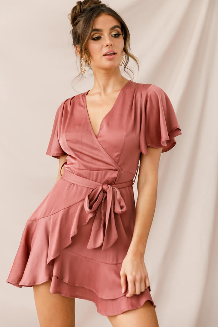 Cami Angel Sleeve Faux Wrap Dress Rose by Selfie Leslie