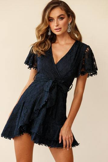 Shop the Cami Angel Sleeve Faux Wrap Dress Navy Lace | Selfie Leslie