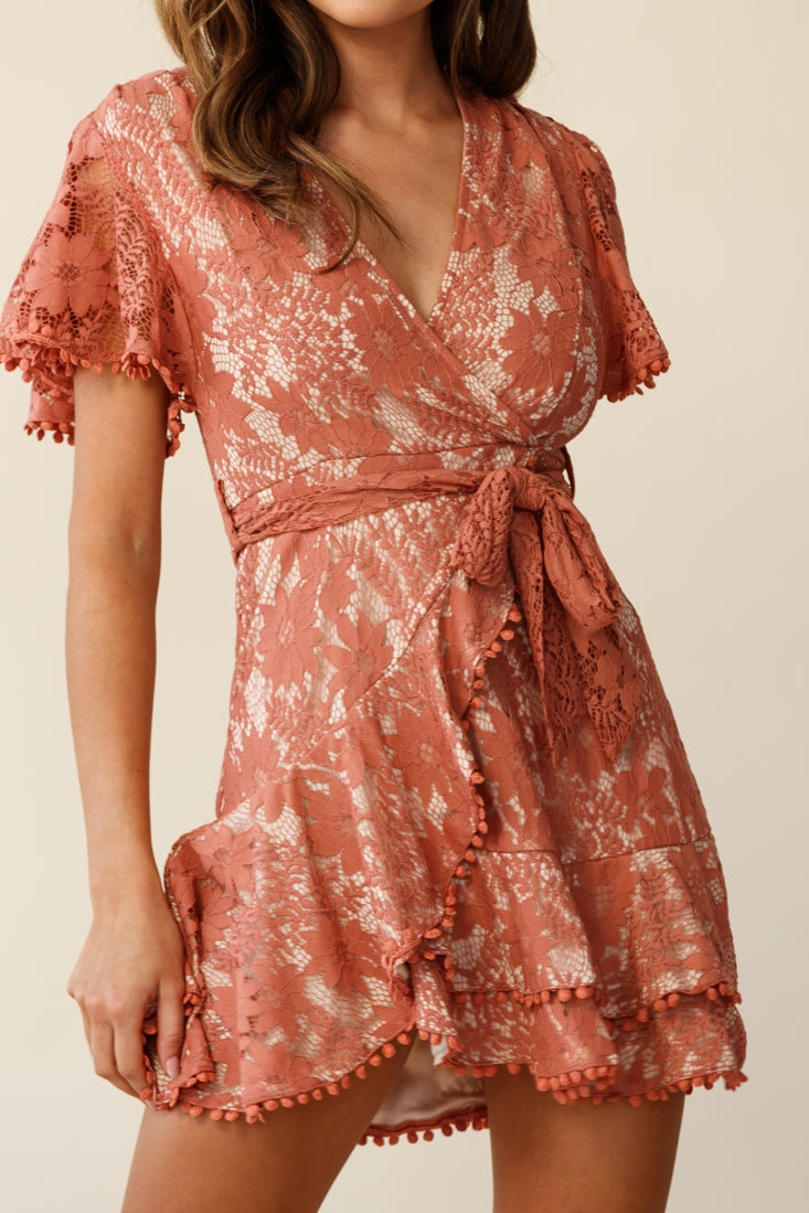 Cami Angel Sleeve Faux Wrap Dress Lace Rose by Selfie Leslie