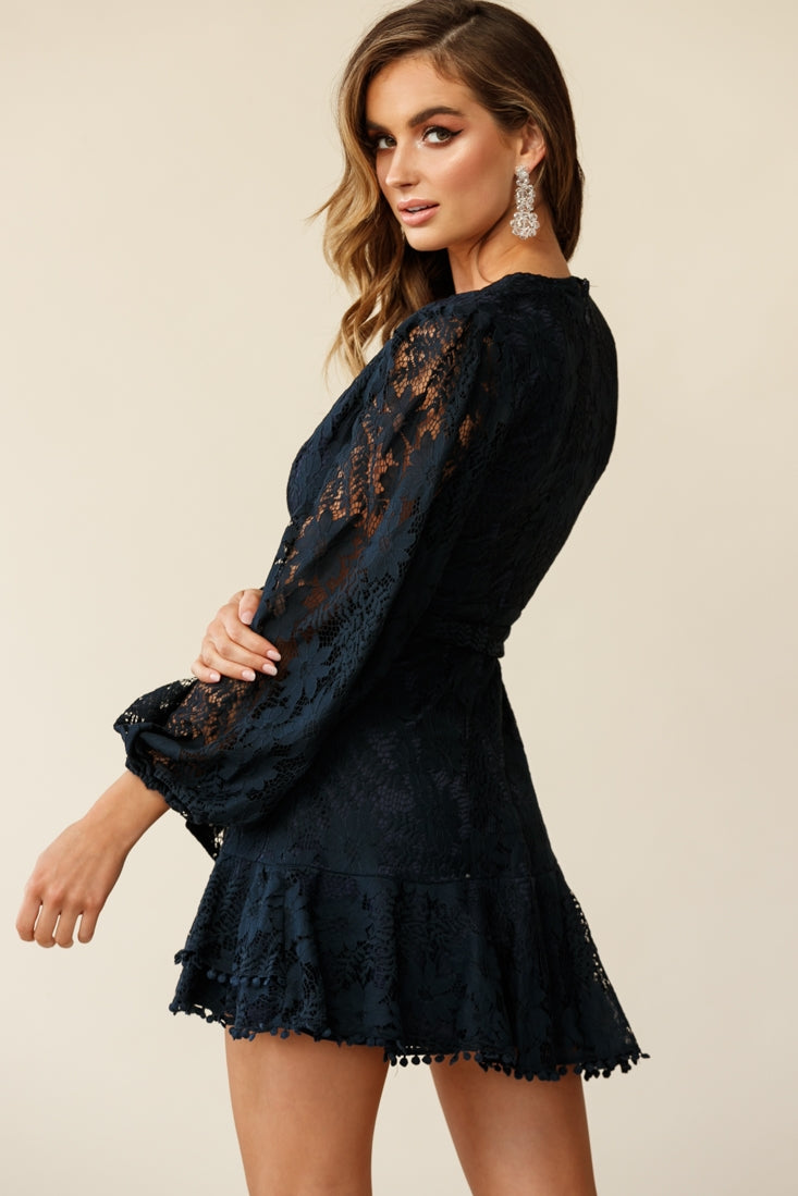 Cami Balloon Sleeve Faux Wrap Dress Lace Navy by Selfie Leslie