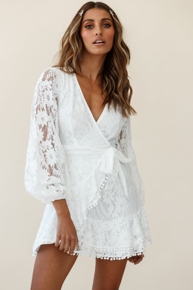 Cami Balloon Sleeve Faux Wrap Dress Lace White by Selfie Leslie