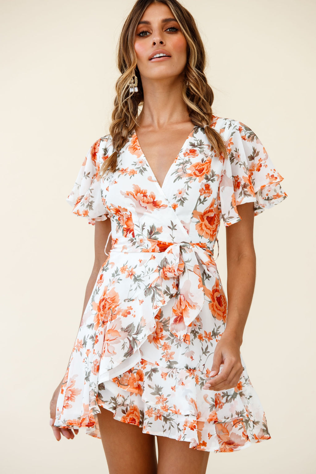 Cami Angel Sleeve Faux Wrap Dress Rose Print Orange by Selfie Leslie