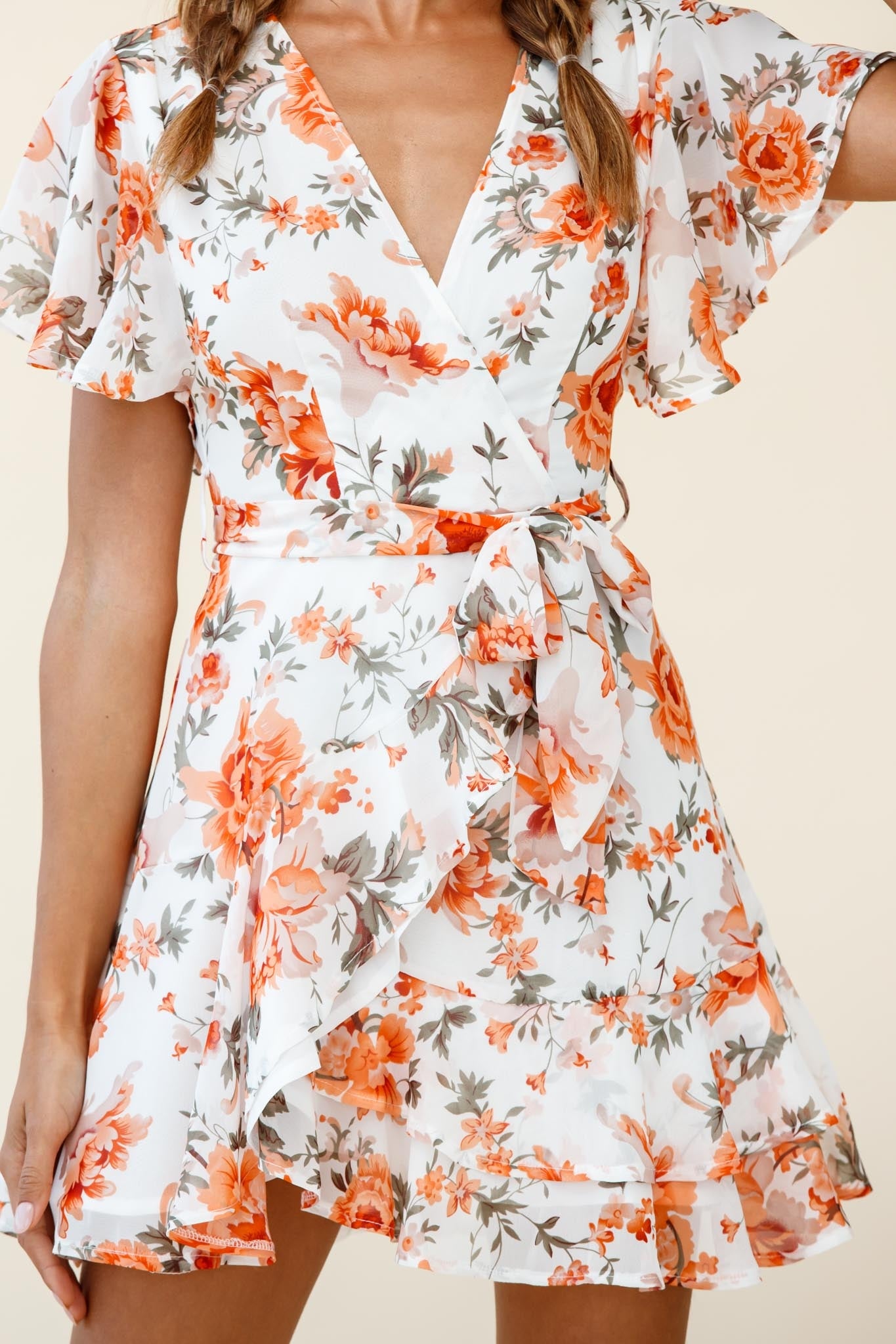 Cami Angel Sleeve Faux Wrap Dress Rose Print Orange by Selfie Leslie