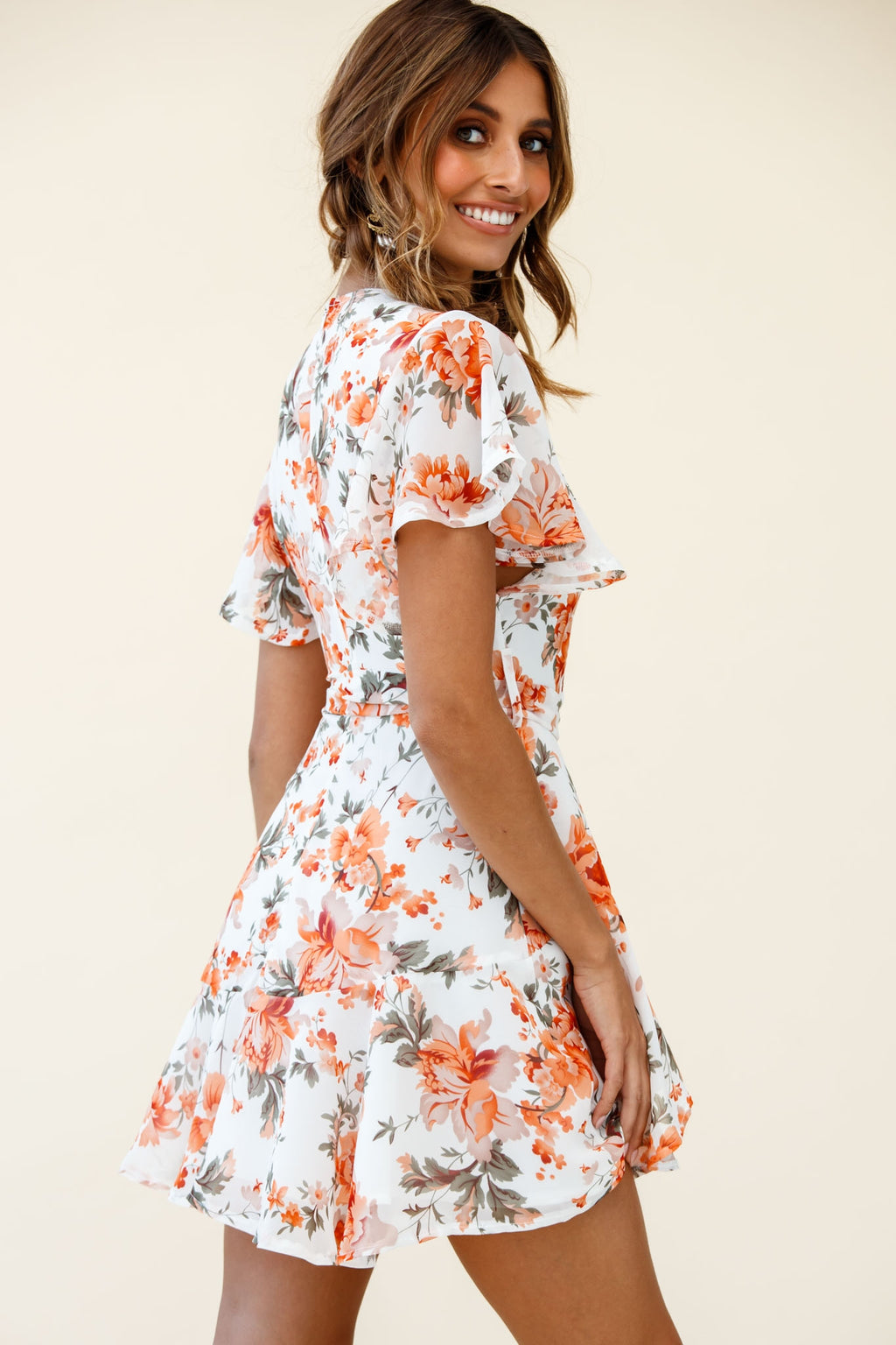 Cami Angel Sleeve Faux Wrap Dress Rose Print Orange by Selfie Leslie