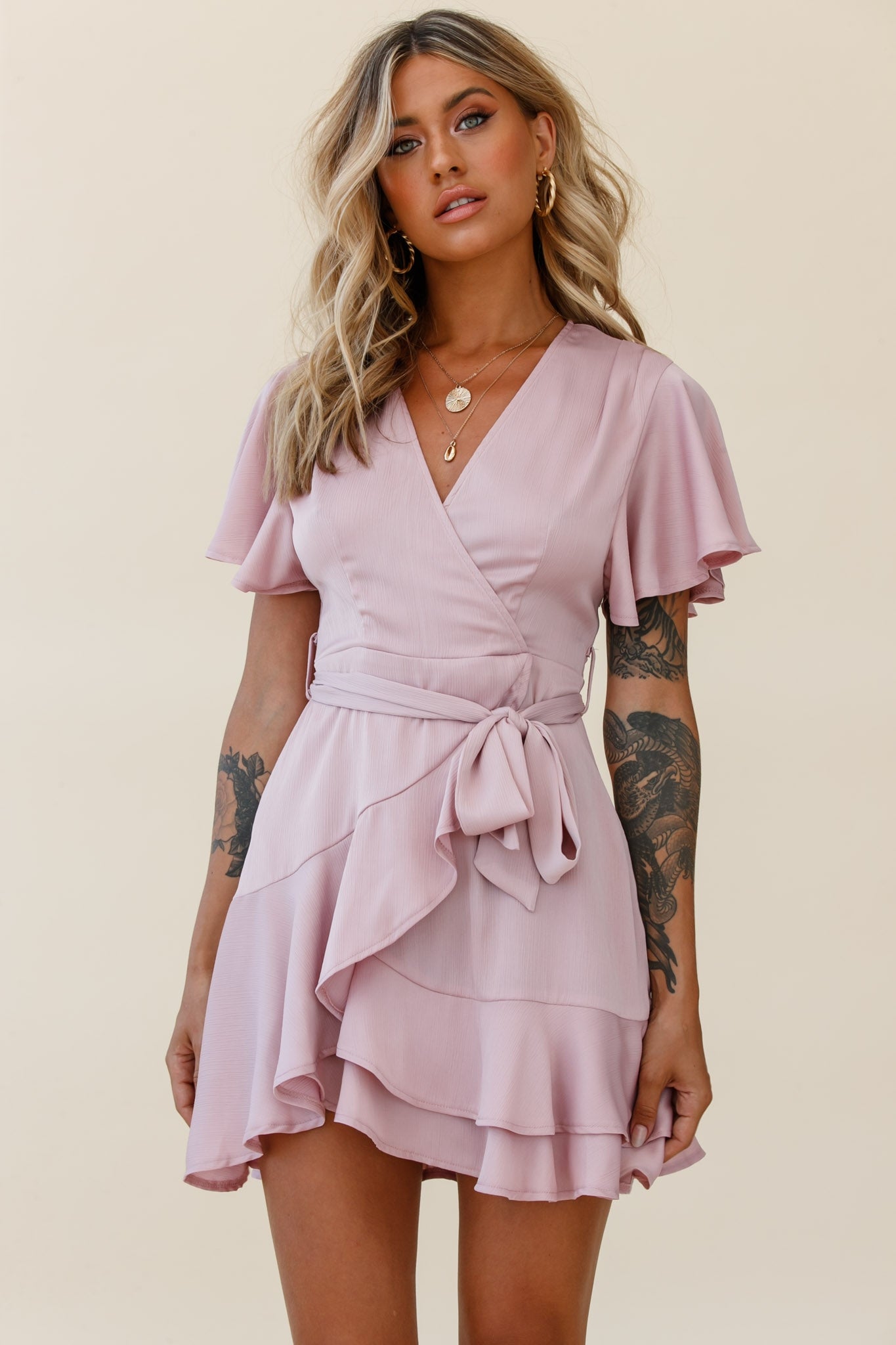 Cami Angel Sleeve Faux Wrap Dress Blush by Selfie Leslie