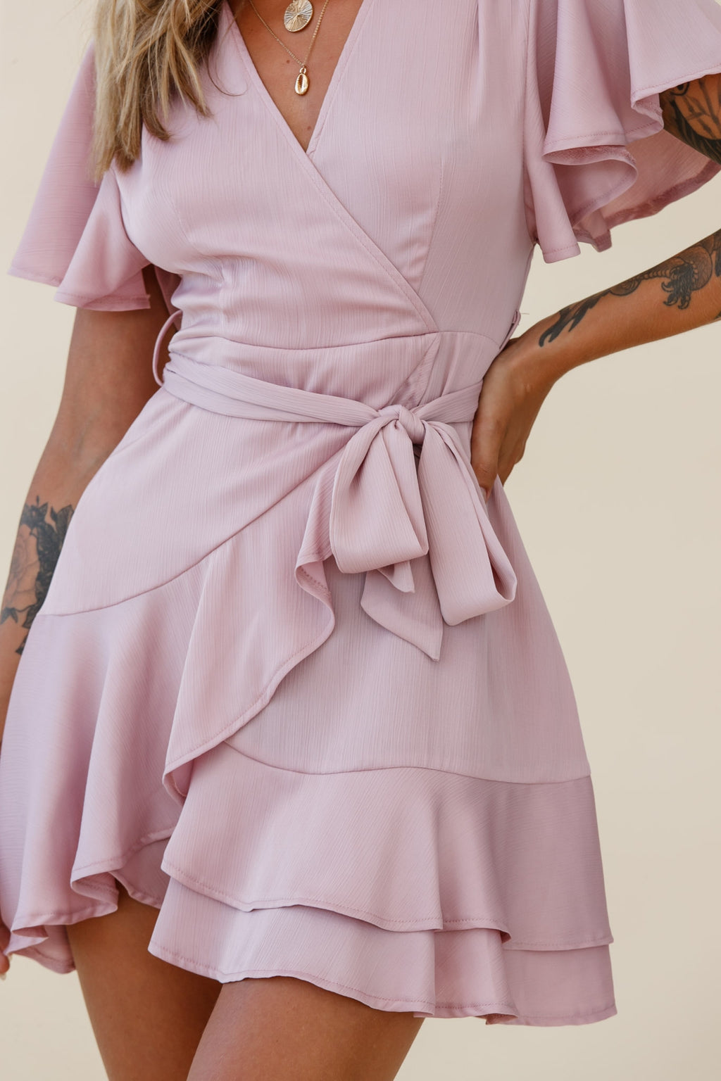 Cami Angel Sleeve Faux Wrap Dress Blush by Selfie Leslie