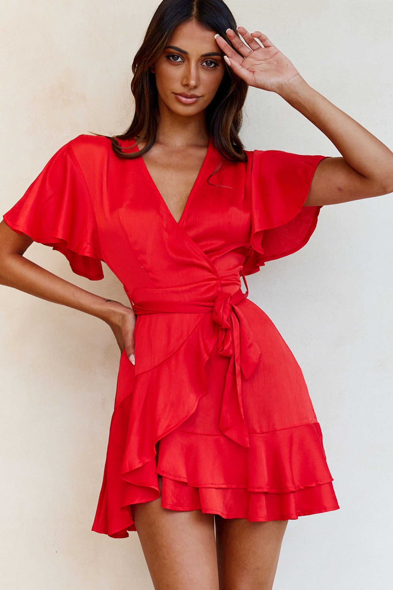 Cami Angel Sleeve Faux Wrap Dress Red by Selfie Leslie