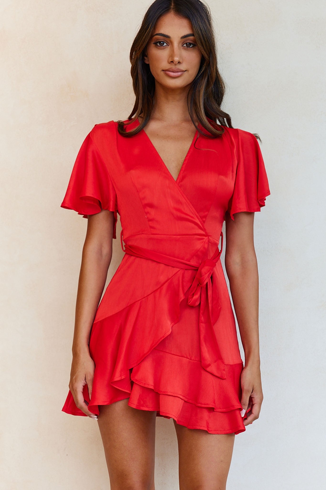 Cami Angel Sleeve Faux Wrap Dress Red by Selfie Leslie