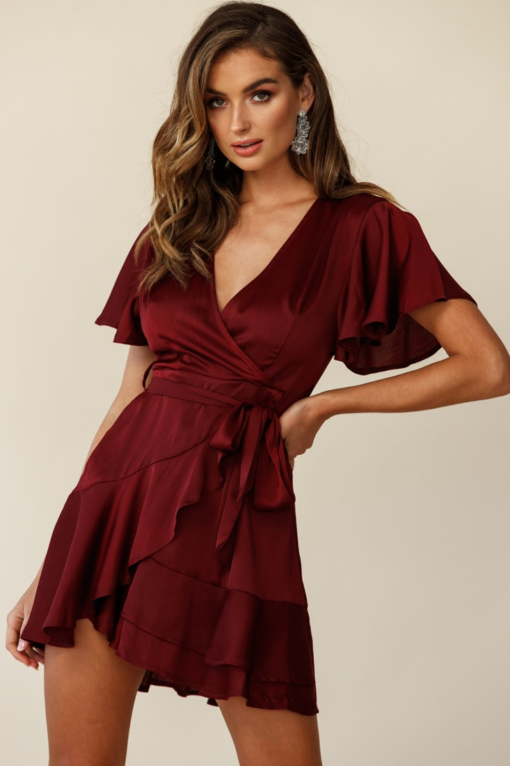 Cami Angel Sleeve Faux Wrap Dress Wine by Selfie Leslie