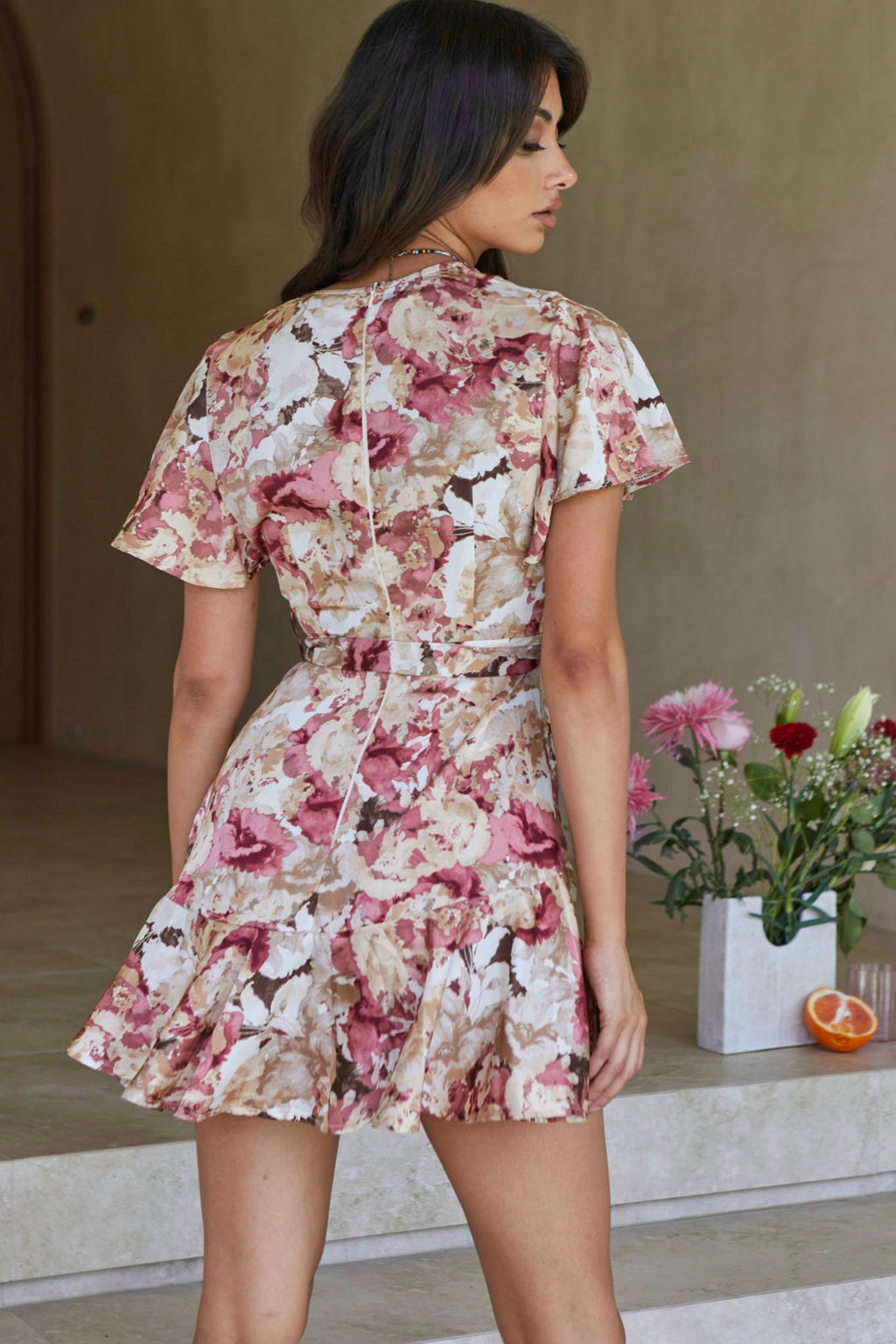 Cami Angel Sleeve Faux Wrap Dress Abstract Floral Print Rose by Selfie Leslie