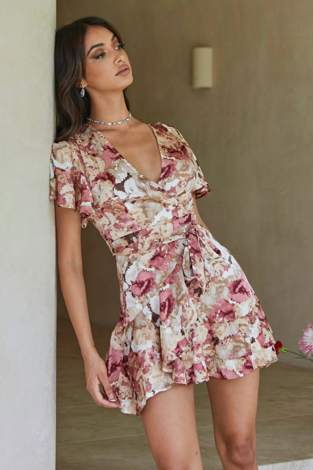Cami Angel Sleeve Faux Wrap Dress Abstract Floral Print Rose by Selfie Leslie