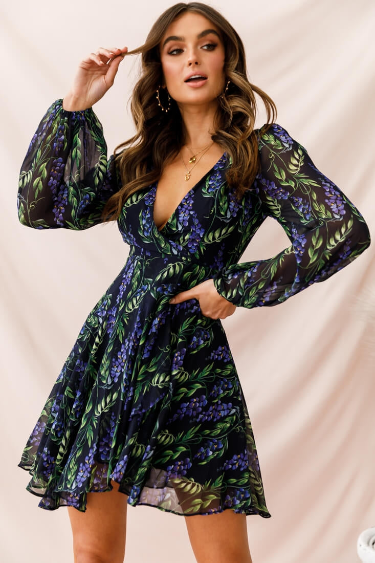 Wisteria Lane Long Sleeve Tea Dress Navy by Selfie Leslie