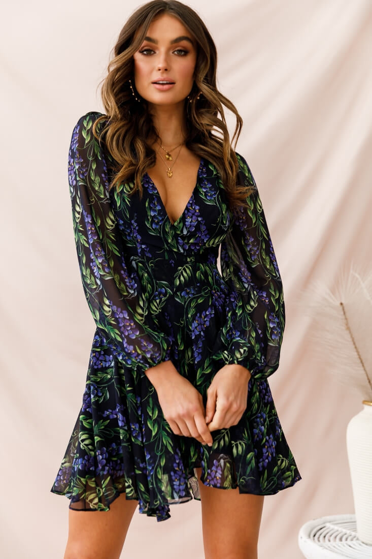 Wisteria Lane Long Sleeve Tea Dress Navy by Selfie Leslie