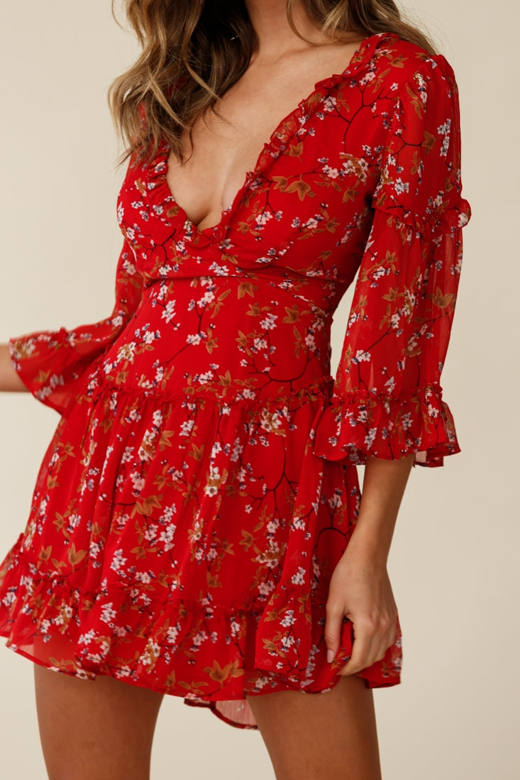 Albany Bell Sleeve Frill Dress Floral Print Red by Selfie Leslie