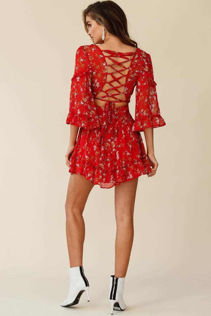 Albany Bell Sleeve Frill Dress Floral Print Red by Selfie Leslie