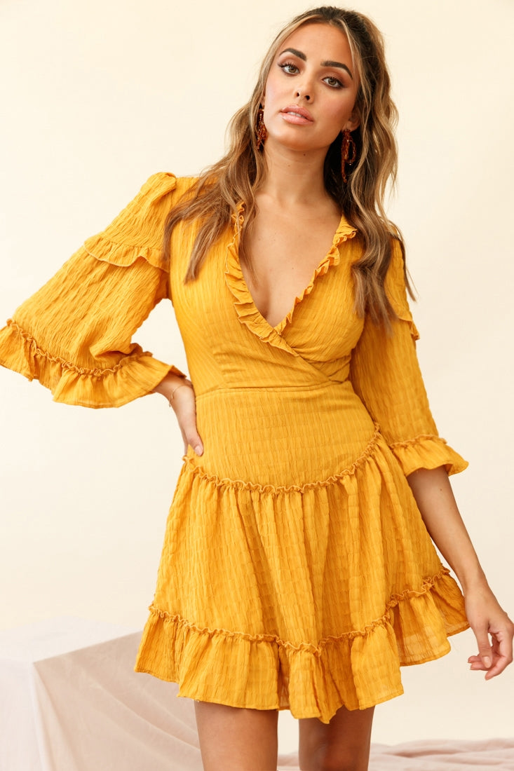 Albany Lace Up Back Frill Dress Shirred Mustard by Selfie Leslie