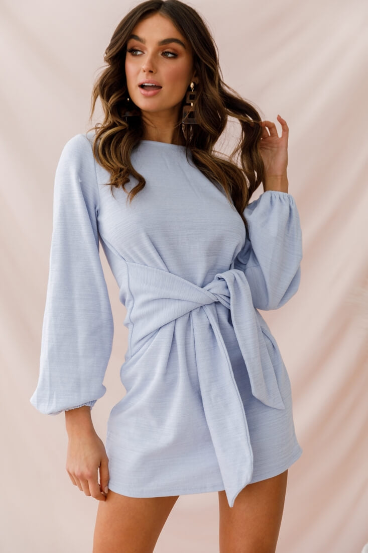 Rapt Waist Tie Bishop Sleeve Knit Dress Steel Blue– Selfie Leslie