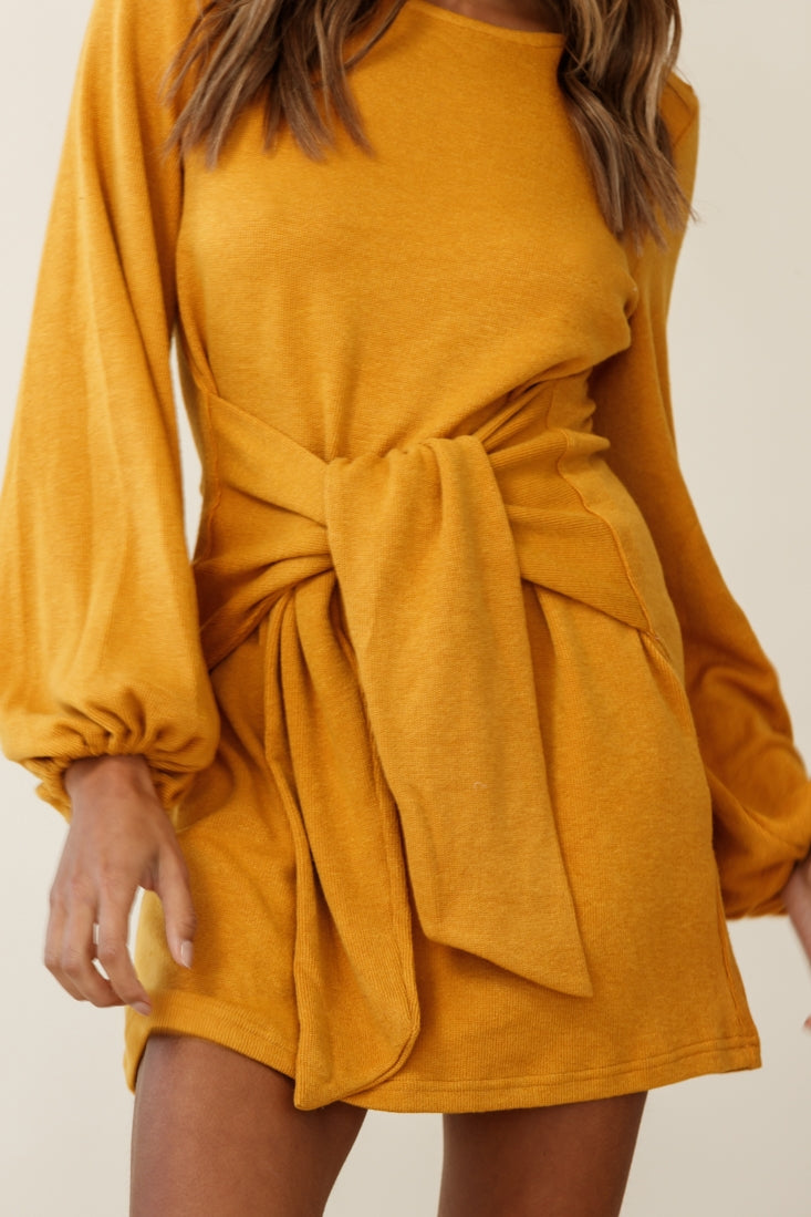 Rapt Waist Tie Balloon Sleeve Knit Dress Mustard by Selfie Leslie