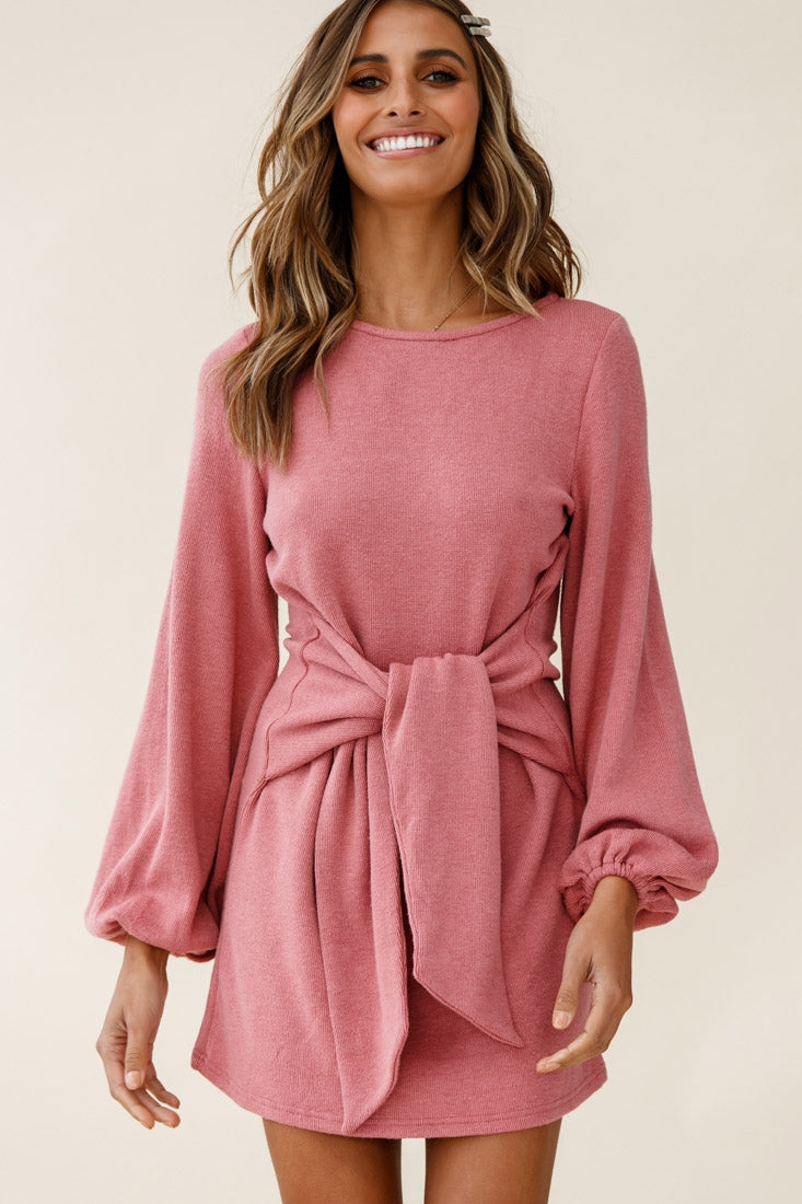 Rapt Waist Tie Balloon Sleeve Knit Dress Rose by Selfie Leslie