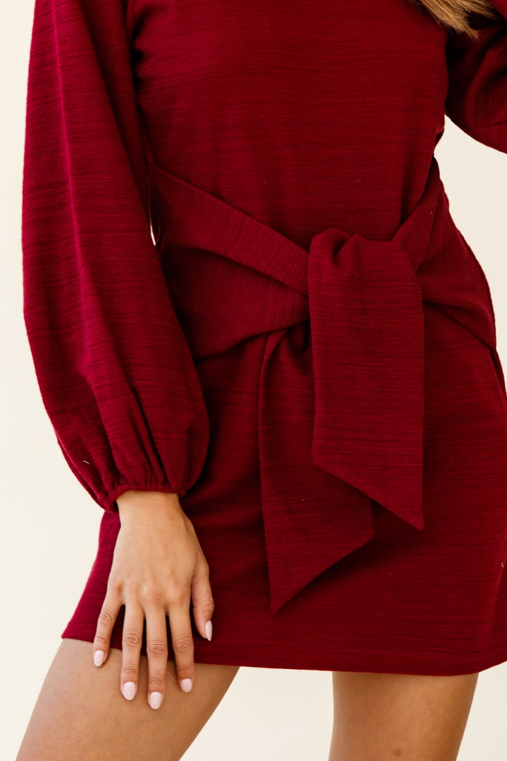 Rapt Waist Tie Balloon Sleeve Knit Dress Wine by Selfie Leslie