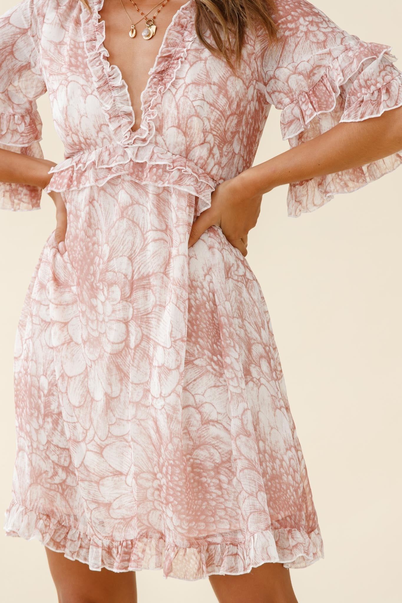 Gemma V-Neckline Frill Detail Dress Flower Print Nude by Selfie Leslie