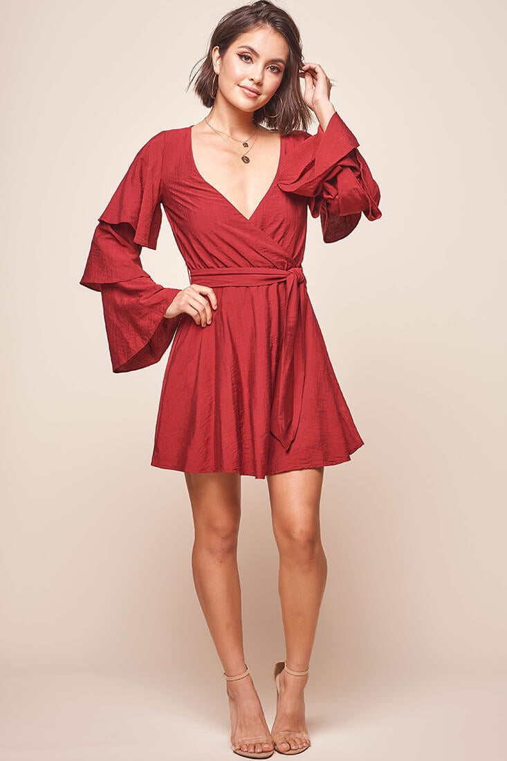 Bellini Tiered Ruffle Sleeve Dress Wine by Selfie Leslie