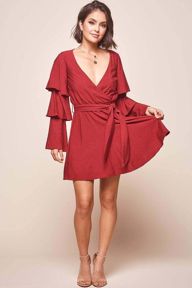 Bellini Tiered Ruffle Sleeve Dress Wine by Selfie Leslie