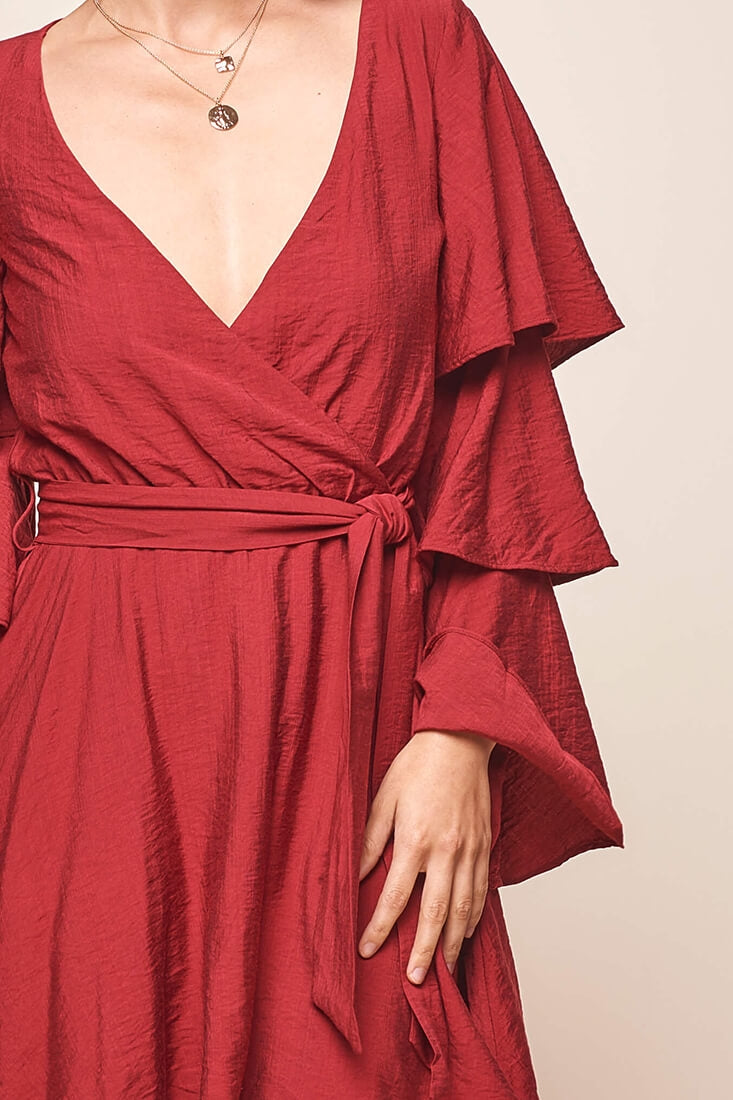 Bellini Tiered Ruffle Sleeve Dress Wine by Selfie Leslie