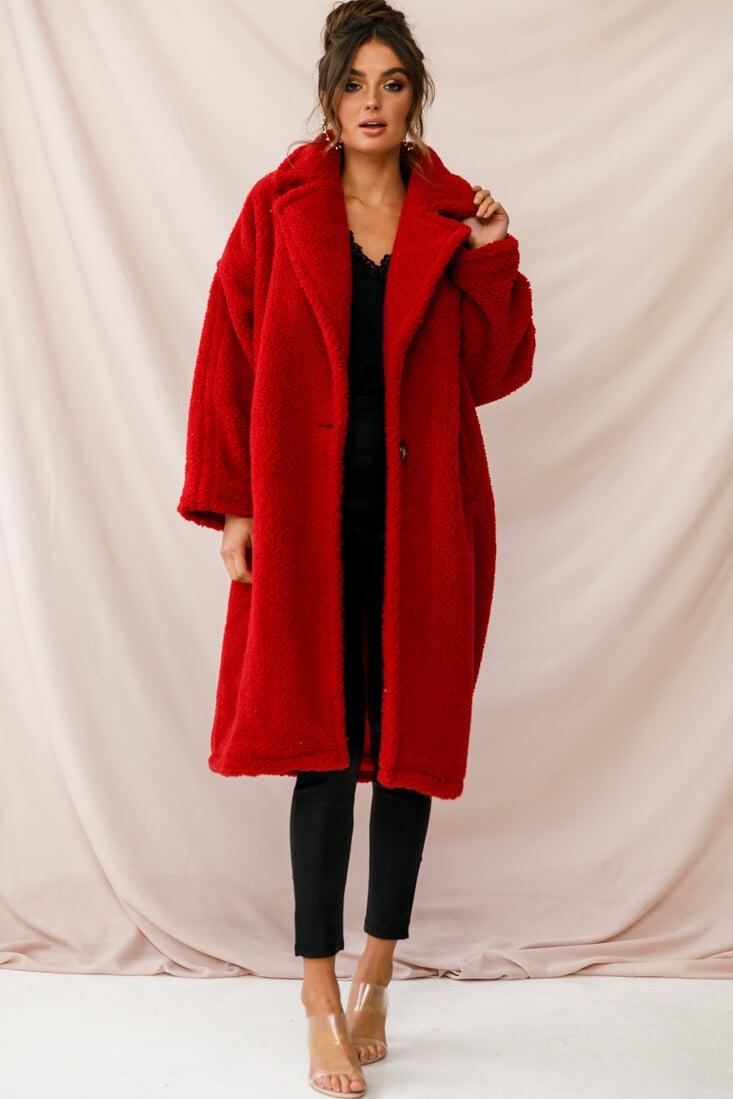 Berlin Notched Lapel Longline Fleece Coat Red by Selfie Leslie
