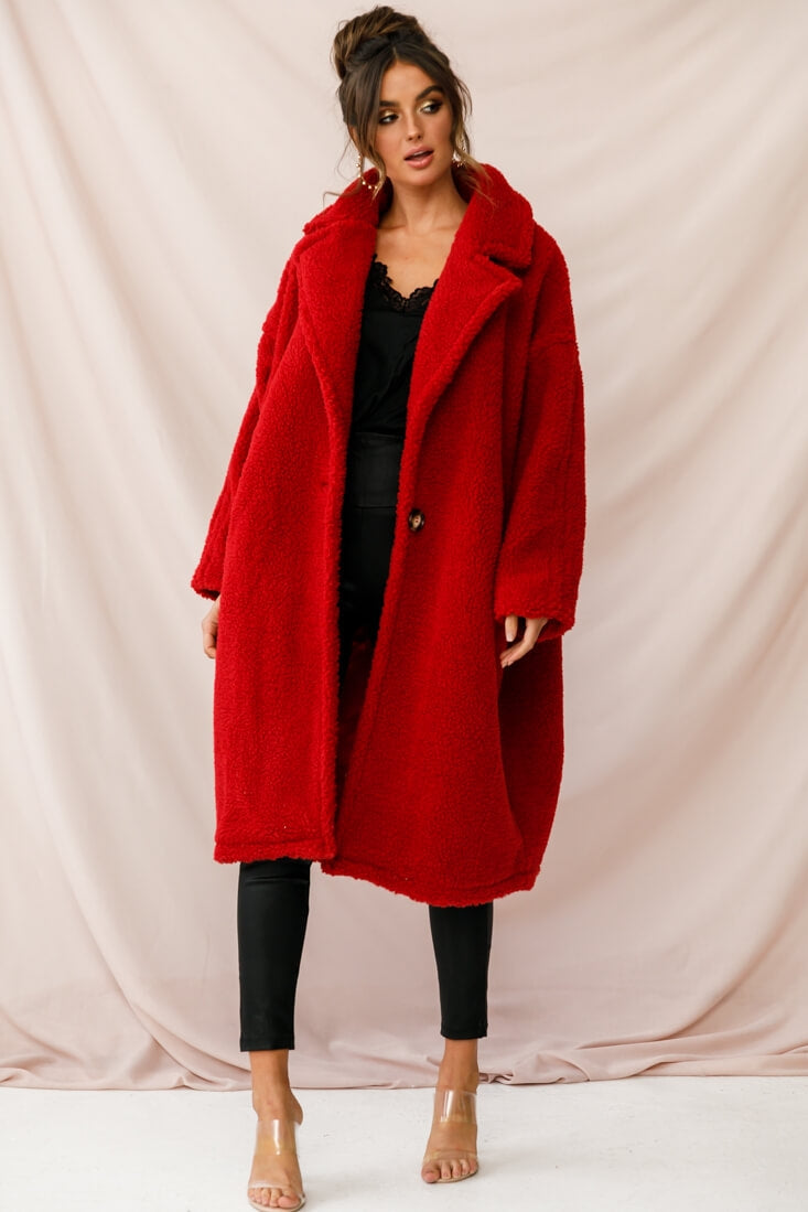 Berlin Notched Lapel Longline Fleece Coat Red by Selfie Leslie