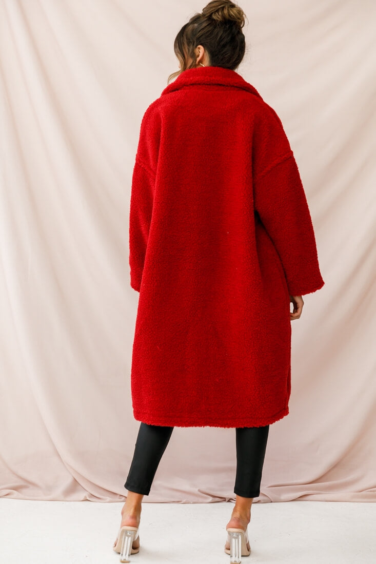 Berlin Notched Lapel Longline Fleece Coat Red by Selfie Leslie
