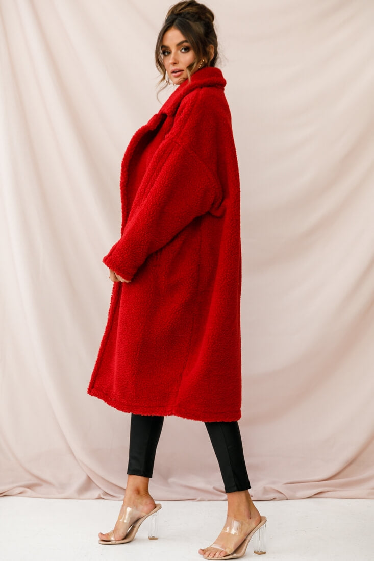 Berlin Notched Lapel Longline Fleece Coat Red by Selfie Leslie
