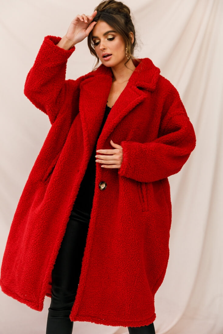 Berlin Notched Lapel Longline Fleece Coat Red by Selfie Leslie