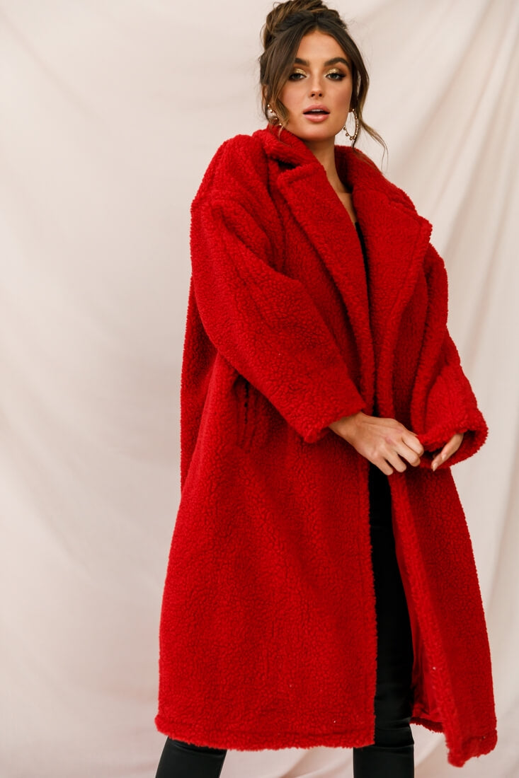 Berlin Notched Lapel Longline Fleece Coat Red by Selfie Leslie