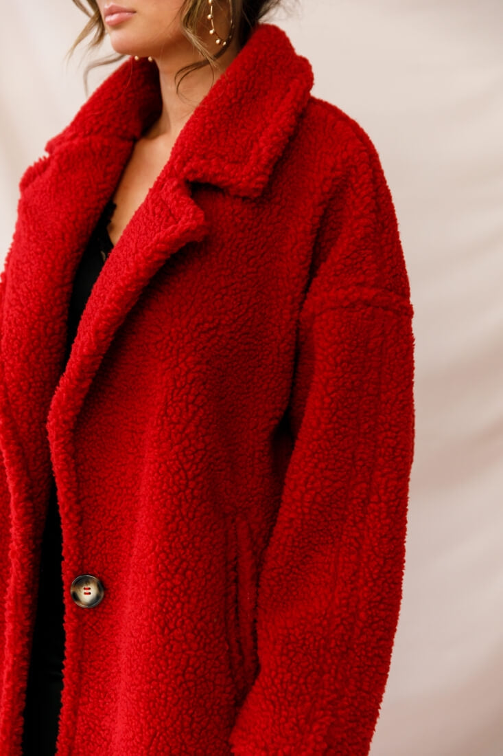 Berlin Notched Lapel Longline Fleece Coat Red by Selfie Leslie