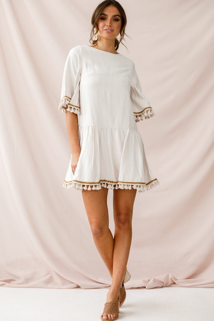 Donna Dropped Waist Tassel Dress Beige by Selfie Leslie