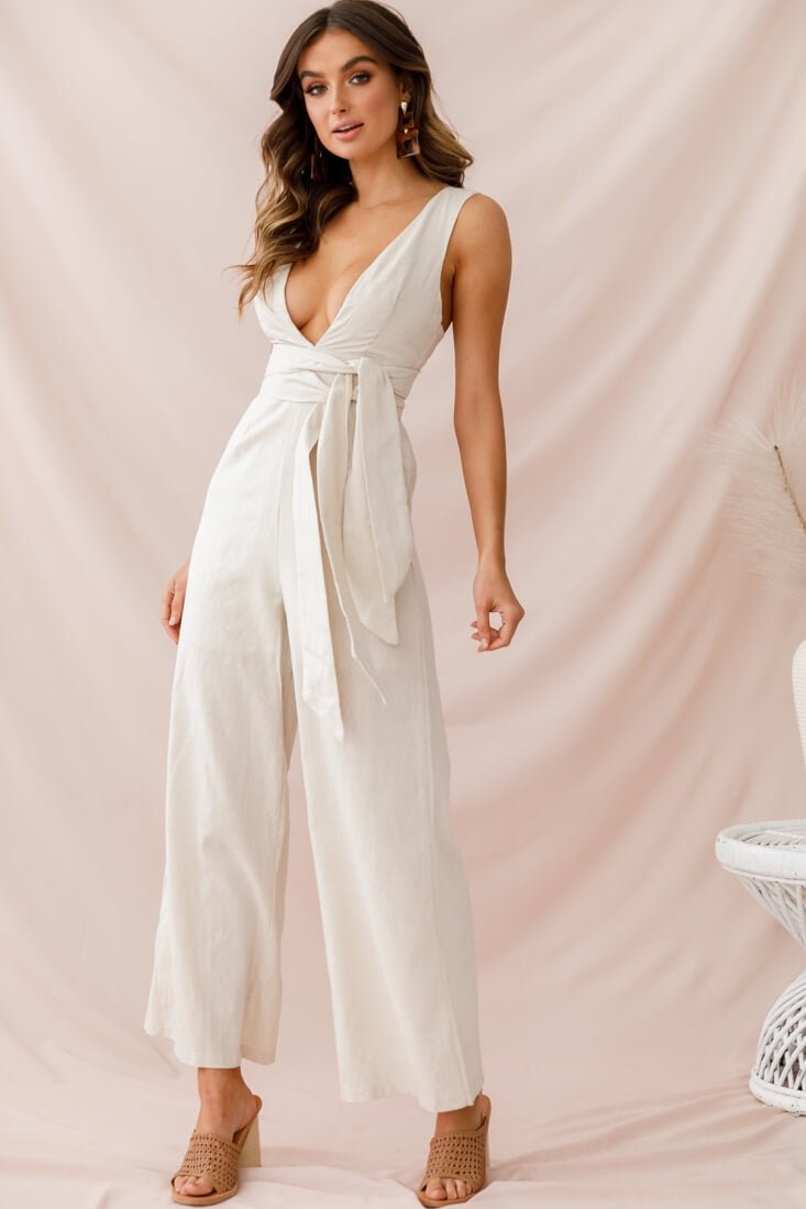 Dylan V-Neckline Wide Leg Jumpsuit Beige by Selfie Leslie