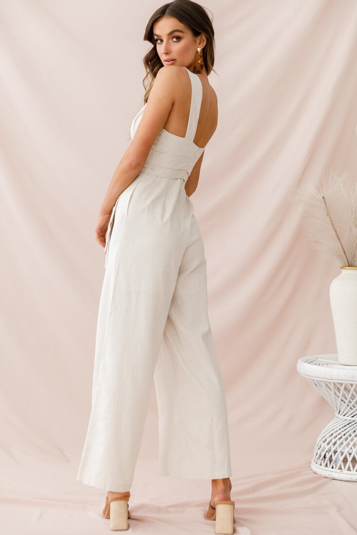 Dylan V-Neckline Wide Leg Jumpsuit Beige by Selfie Leslie