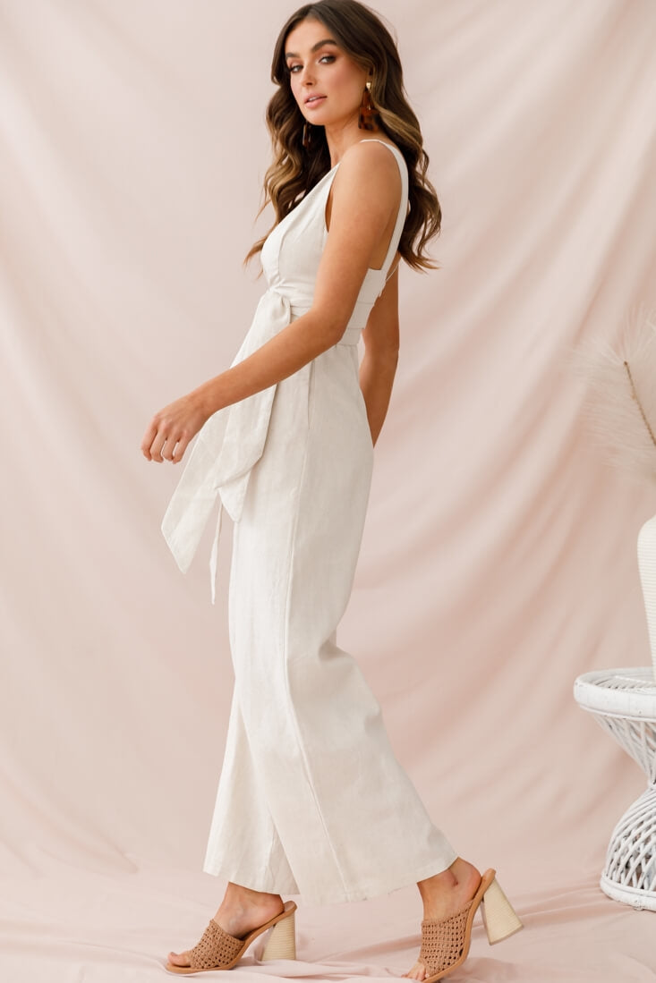 Dylan V-Neckline Wide Leg Jumpsuit Beige by Selfie Leslie