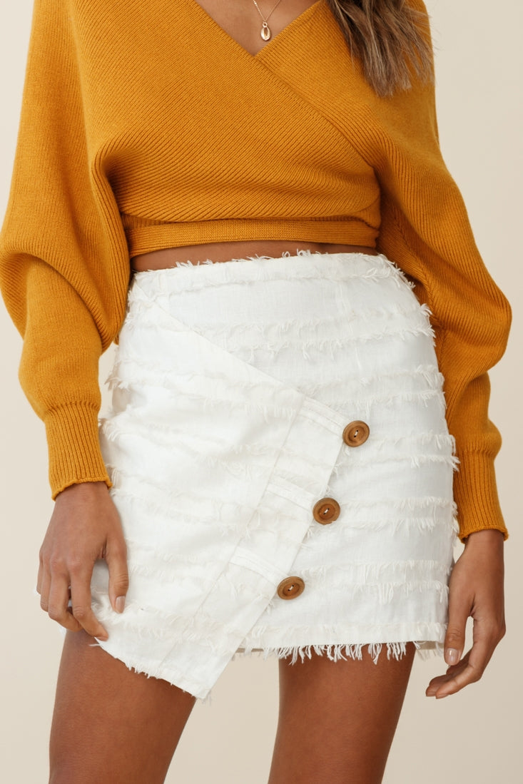 Venetian Faux Placket Frayed Wrap Mini Skirt White by Selfie Leslie