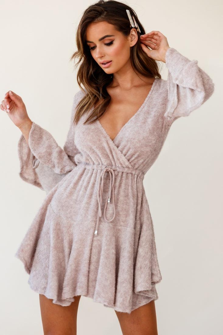 Wait For It Long Sleeve Drawstring Dress Blush by Selfie Leslie