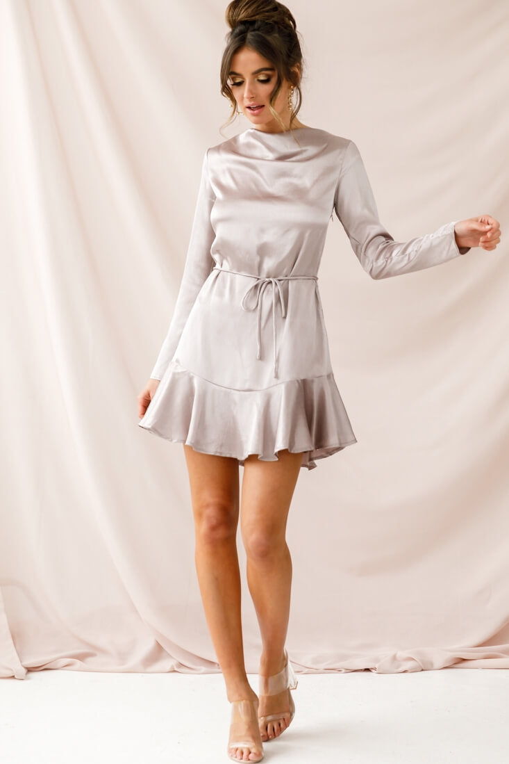 Interstellar Ruffle Hem Long Sleeve Dress Champagne by Selfie Leslie
