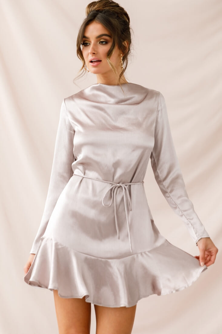 Interstellar Ruffle Hem Long Sleeve Dress Champagne by Selfie Leslie