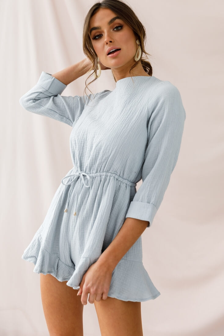 Mimi Three-Quarter Sleeve Drawstring Romper Grey by Selfie Leslie
